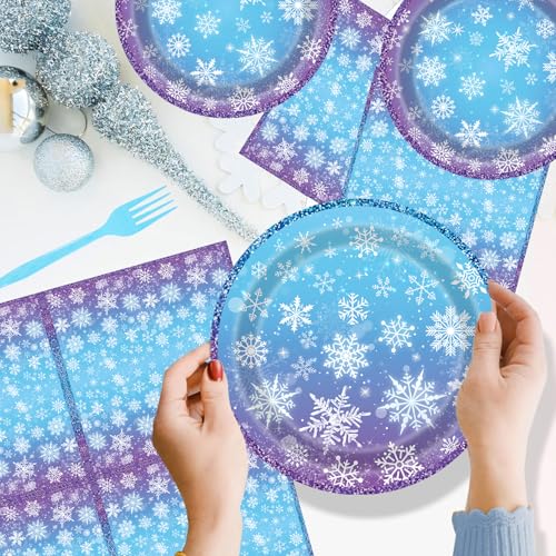 Disposable Snowflake Party Plates Napkins Forks Set for Winter Wonderland Christmas
