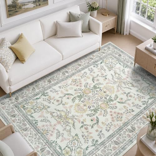 Green and Beige Washable 6x9 Rug - Non-Slip Backing, Soft Cotton Feel, Floral Design - Variation of Green & Multicolor / 6' x 9' (Rectangular)
