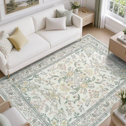 Green and Beige Washable 6x9 Rug - Non-Slip Backing, Soft Cotton Feel, Floral Design - Variation of Green & Multicolor / 6' x 9' (Rectangular)