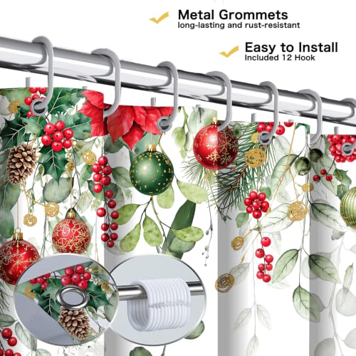 Christmas Eucalyptus Leaves Holly Shower Curtain Set with Hooks - Winter 72x72 Inches