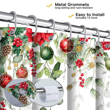 Christmas Eucalyptus Leaves Holly Shower Curtain Set with Hooks - Winter 72x72 Inches