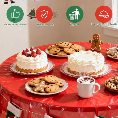 Christmas Round Disposable Tablecloth 84 Inch Set of 12 - Gold Red Green Waterproof Party Supplies - B-christmas