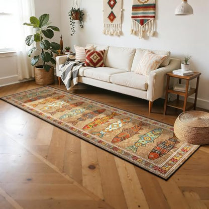 Boho Fish Runner Rug 1.3x7 Kitchen Rug Washable Beige Pattern 5