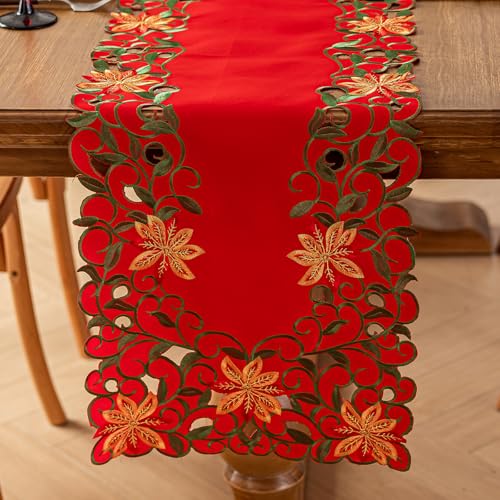 Christmas Red Flowers Table Runner 14 x 86 Inch Embroidered Holiday Decor - Variation of THIS listing