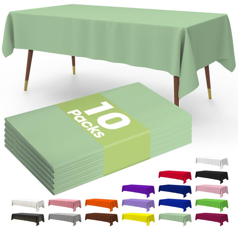 Pureegg Premium Disposable Table Cloth - 10 Pack, 54 x 108 Inch Table Cloths for Parties, Decorative Tablecloths for Rectangle Tables, White Plastic Table Cover, Leakproof & Sturdy, Sage Green