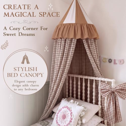 Beige Cotton Gingham Bed Canopy for Cribs & Twin Beds - Dreamy Nap Decor