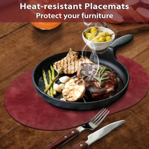 ADRIMER Oval Faux Leather Placemats Set of 8 - Wipeable Wine Red