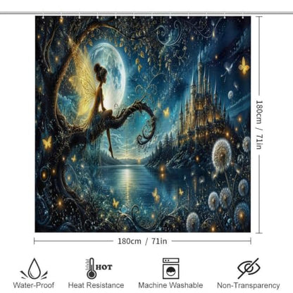 Fairy Moon Castle Night Bathroom Set with Shower Curtain and Flannel Rugs - 71x71 Inches - Non Slip Bath Mats