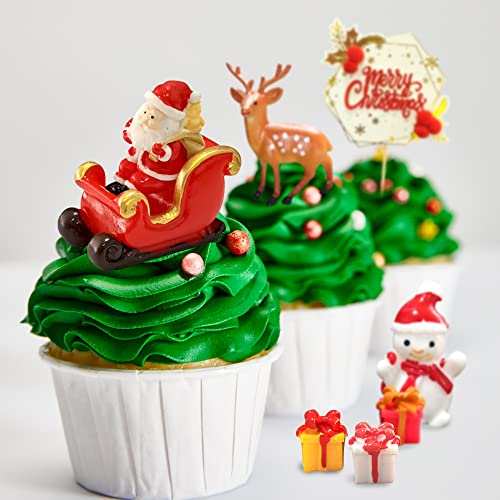 25pcs Christmas Cake Topper Set with Santa Snowman Reindeer and Mini Trees