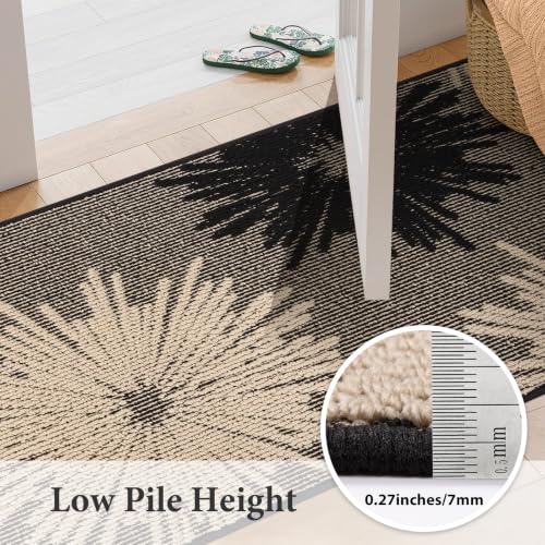 Findosom 2x6 Textured Floral Hallway Runner Rug Non Slip Black & Beige
