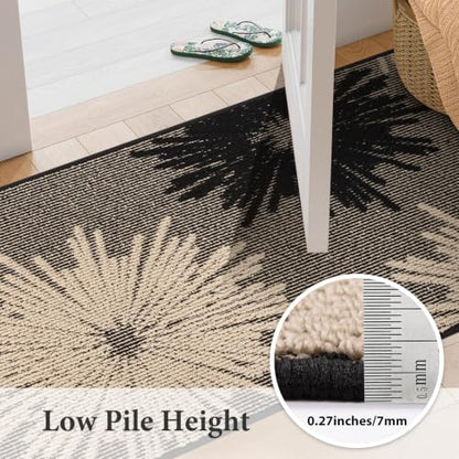Findosom 2x6 Textured Floral Hallway Runner Rug Non Slip Black & Beige