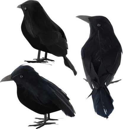AEVBSOY Black Feathered Crows - Realistic Handmade Halloween Decorations | 3 Pack for Indoor/Outdoor Use