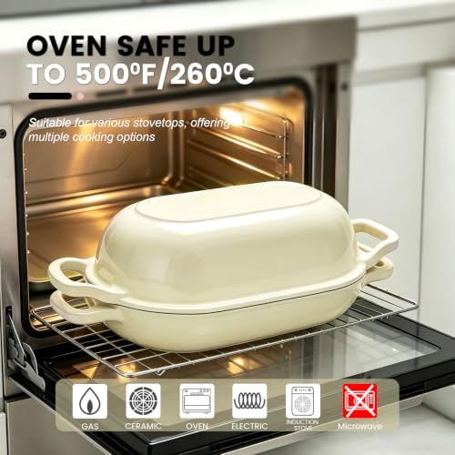 White 5QT Oval Cast Iron Dutch Oven for Bread Baking with Lid