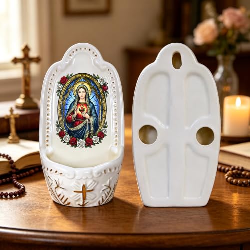 Porcelain Holy Water Font Wall Mount Immaculate Heart Devotional Artwork