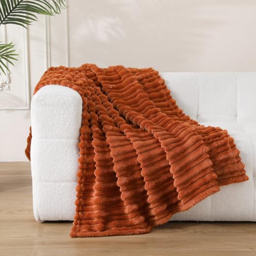 Burnt Orange 50x60 Inch Throw Blanket with 3D Stripe Design for Couch Cozy Home Decor