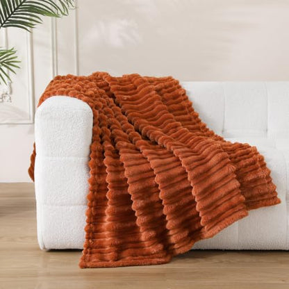 Burnt Orange 50x60 Inch Throw Blanket with 3D Stripe Design for Couch Cozy Home Decor