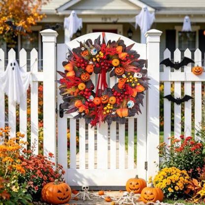 24-Inch Halloween Front Door Wreath with Jack-O'-Lantern and Autumn Foliage
