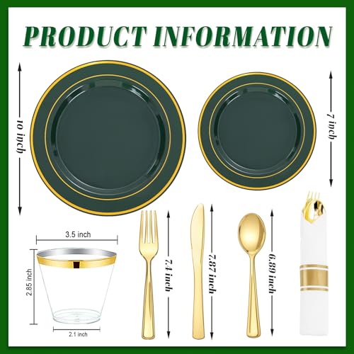 Green Plastic Party Plates Set for 50 Guests - Gold & Rolled Napkins, Disposable Dinnerware