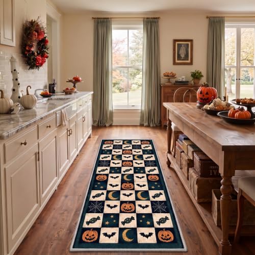 Halloween Runner Rug Pumpkin Moon Bat Non Slip 2x6 Antique Teal