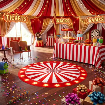 Carnival Circus Theme Party Large Round Rug Decor - 59in - Red White Stripes - Carnival Variation