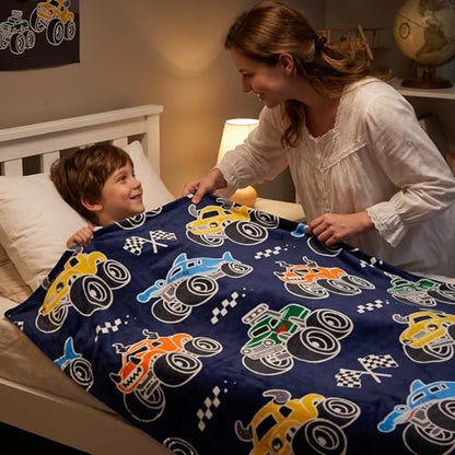 Twin Size Construction Truck Blanket for Teens Boys - Glow in Dark 60x80in