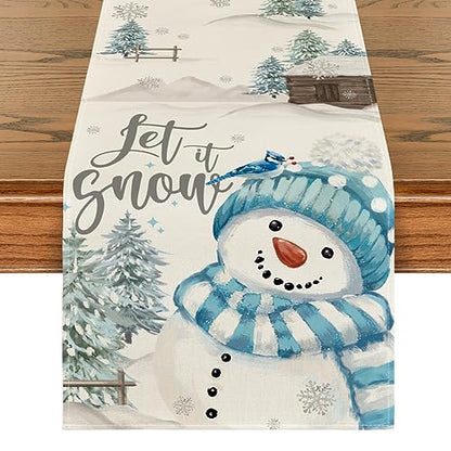 Blue Snowman Xmas Table Runner 13x108 Inch Christmas Holiday Home Decor