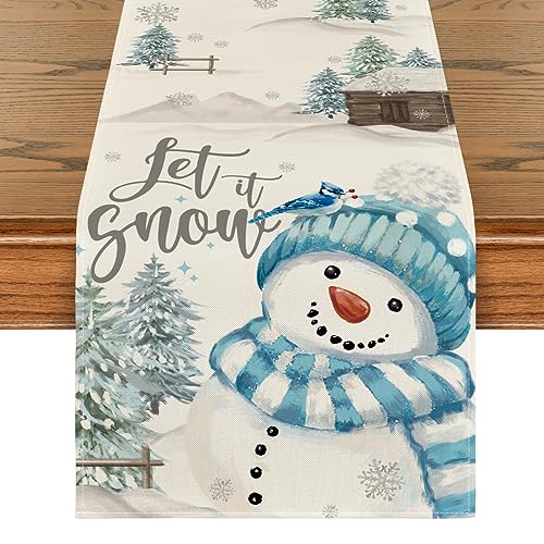 Blue Snowman Xmas Table Runner 13x90 Inch Holiday Home Decor - Blue