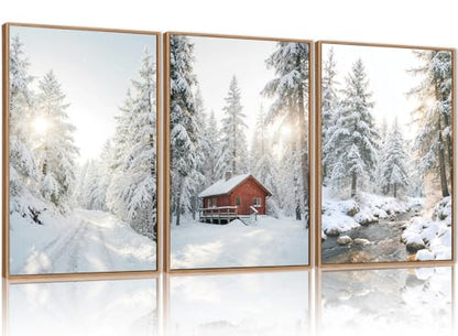 Christmas Winter Canvas Wall Art Set - Red Barn Snowy Forest Landscape 16x24 in - Farmhouse Cabin Decor with Framed Prints - Variation: Red Cabin in Snowy Forest