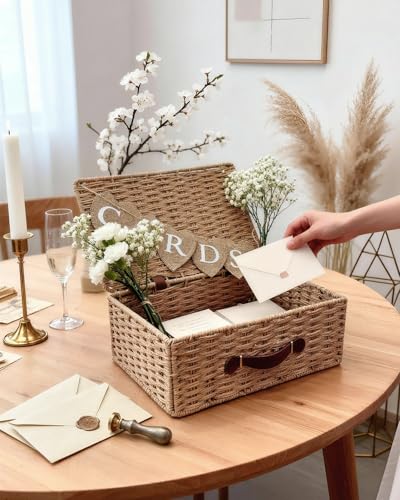 Large Wedding Card Box 14.2 Inch Seagrass Basket with Letter Flag - Rustic Wedding Decor