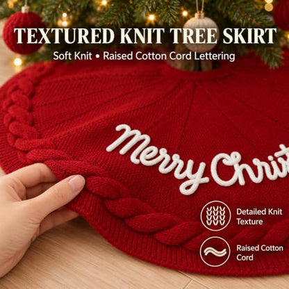 48 Inch Burgundy Knitted Christmas Tree Skirt - Holiday Decor, Gift Idea