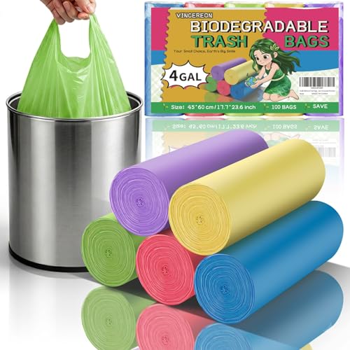 4 Gallon Small Biodegradable Bathroom Trash Bags with Handles - Colorful 100 Pack