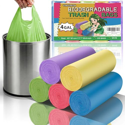 4 Gallon Small Biodegradable Bathroom Trash Bags with Handles - Colorful 100 Pack