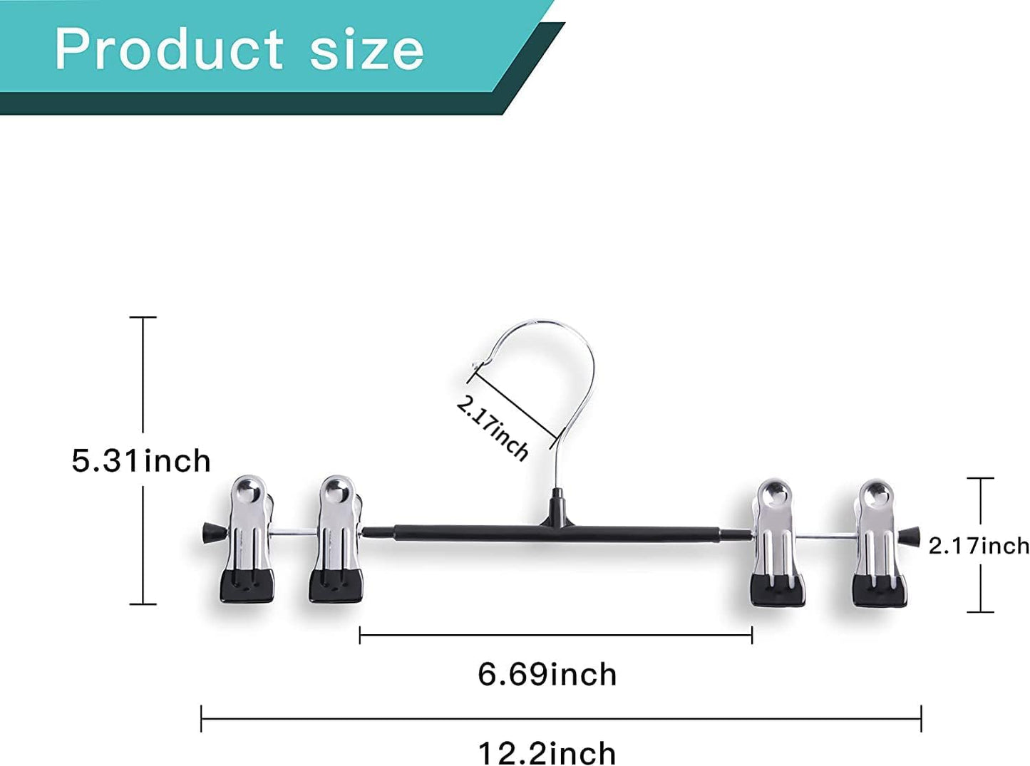 Skiennix Pants Hangers with Clips - Adjustable Heavy-Duty Non-Slip Skirt Hangers | 20-Pack, Black, 12-Inch