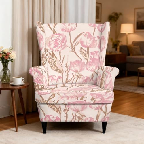 Pink Floral Stretch Wingback Chair Cover Set of 2 - Slipcovers for Living Room