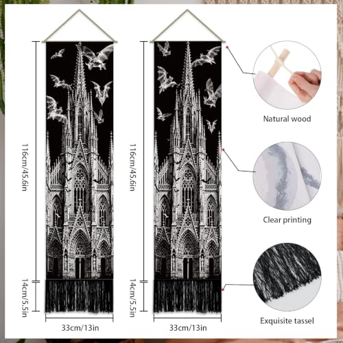 Halloween Bat Castle Gothic Cathedral Wall Tapestry Set - Black & White Decor