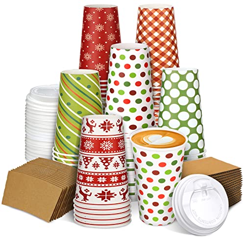 30 Sets Christmas Disposable Coffee Cups with Lids & Sleeves 16 oz - Fresh
