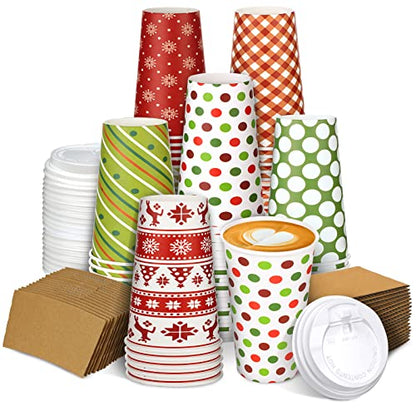 30 Sets Christmas Disposable Coffee Cups with Lids & Sleeves 16 oz - Fresh