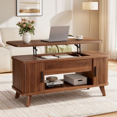 Mid Century Modern Lift Top Coffee Table Brown - Wooden Fluted Storage