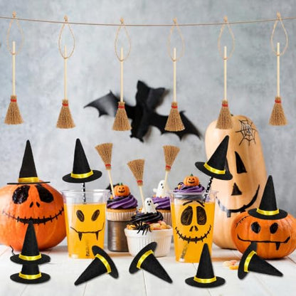 Mini Witch Hats & Brooms Set Halloween Hanging Party Decor - Halloween C