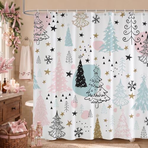 Pastel Christmas Tree Shower Curtain 72x72 Inch Pink Snowflakes Bathroom Decor