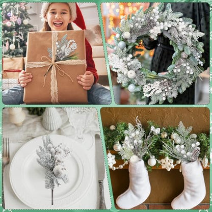 Shiny White Christmas Floral Picks 16 Pcs Artificial Berries & Pine Cones
