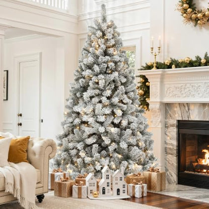 7.5Ft Pre-Lit Flocked Snow Christmas Tree with 1360 Tips & Dual-Color LED Lights - White / 7ft 6in