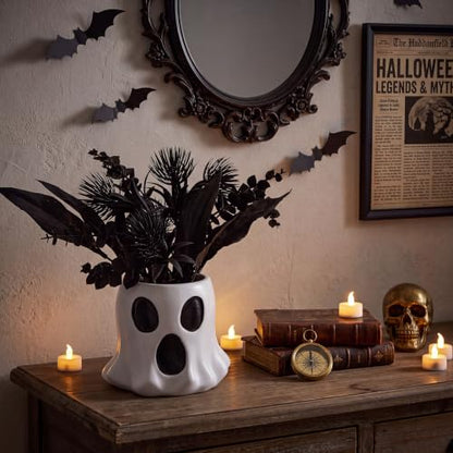 Halloween Ghost Flower Vase Planter with Black Artificial Plant - Variation of Ghost