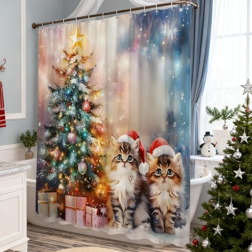 Christmas Shower Curtain 70x70 Inches Holiday Cats & Winter Scene Polyester - Variation of THIS listing