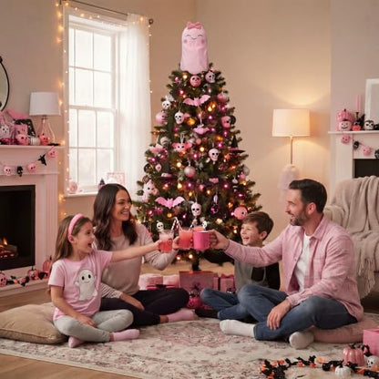 Pink Halloween Ghost Tree Topper 10 Inch Velvet Ornament for Christmas & Fall Decor