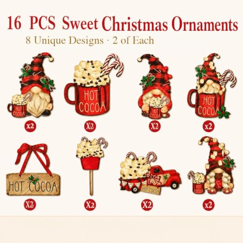 Red 16 PCS Christmas Wooden Ornaments Hot Cocoa Gnome Decor - Festive Holiday Decorations