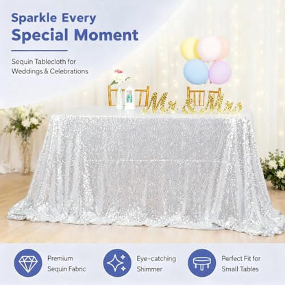 Silver Sequin Tablecloth 50x72 Inch - Sparkly Glitter for Wedding Party, Rectangular Silver
