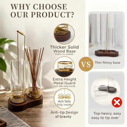 Incense Holder for Stick with Glass Ash Catcher and Anti-Tip Base - Includes 20 Incense Sticks