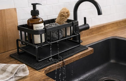 Skiennix Self-Draining Kitchen Sink Caddy - Non-Slip Metal Sponge Holder with Detachable Cloth, Black