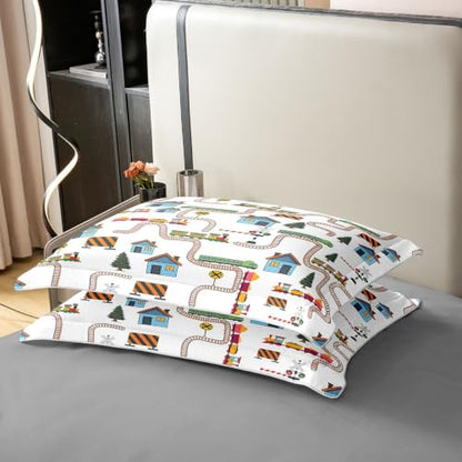 Children's Car Race Track Duvet Cover Set - Twin Cotton Bed Bedding with Cartoon Cars - Blue & Red Brown Orange Variation